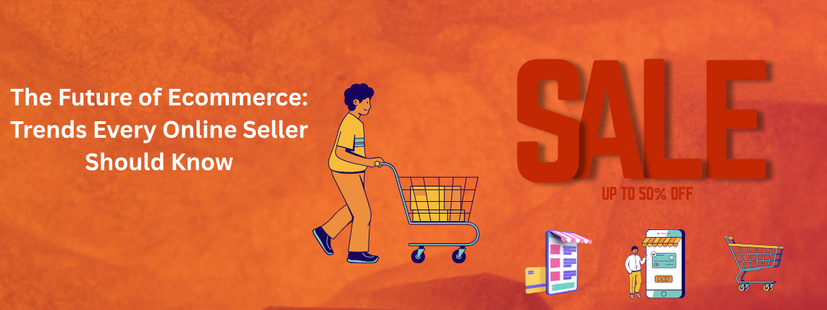 Illustration of future ecommerce trends with AI, mobile, and social shopping icons
